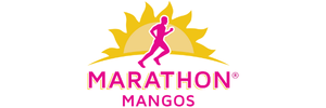 Marathon Mangos logo with yellow sun, pink runner, and brand text