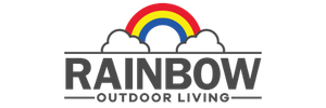 Rainbow Outdoor Living logo with rainbow icon, clouds, and bold gray text