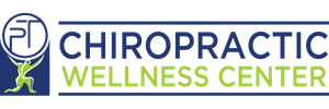 Chiropractic Wellness Center logo with blue text and green spine icon