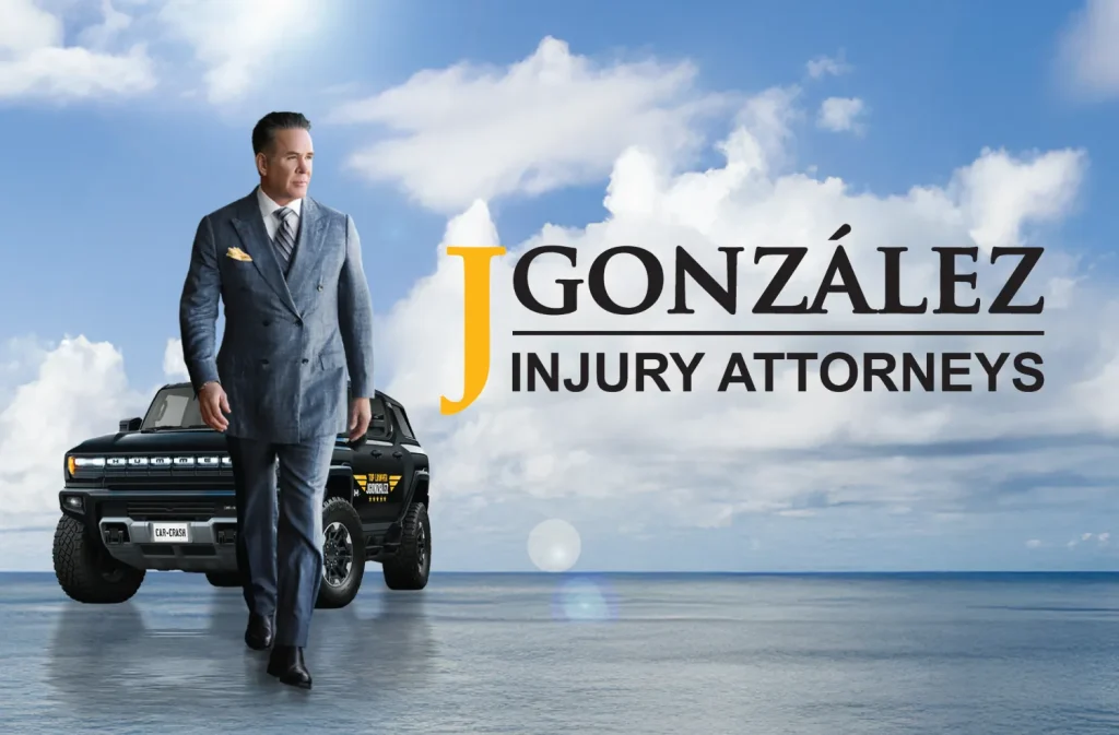 J Gonzalez Injury Attorneys banner with attorney standing beside a truck against a sky background.